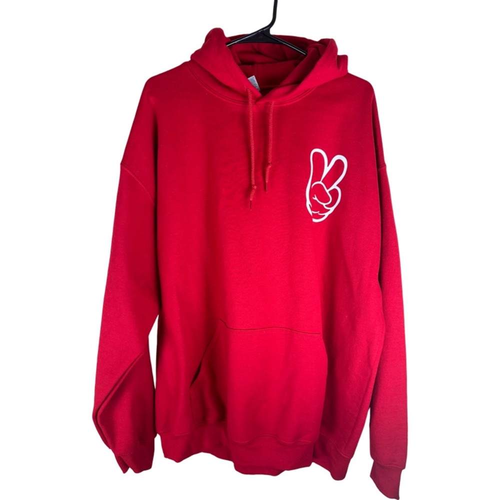 Walt Disney Mikey Mouse Peace Sign Red Hoodie White Logo EUC Size XL